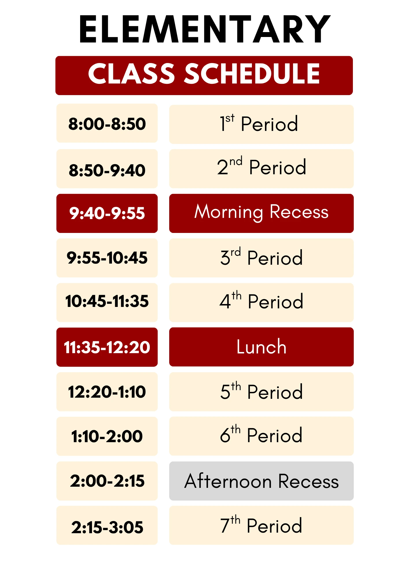 Classroom Schedule - Elementary