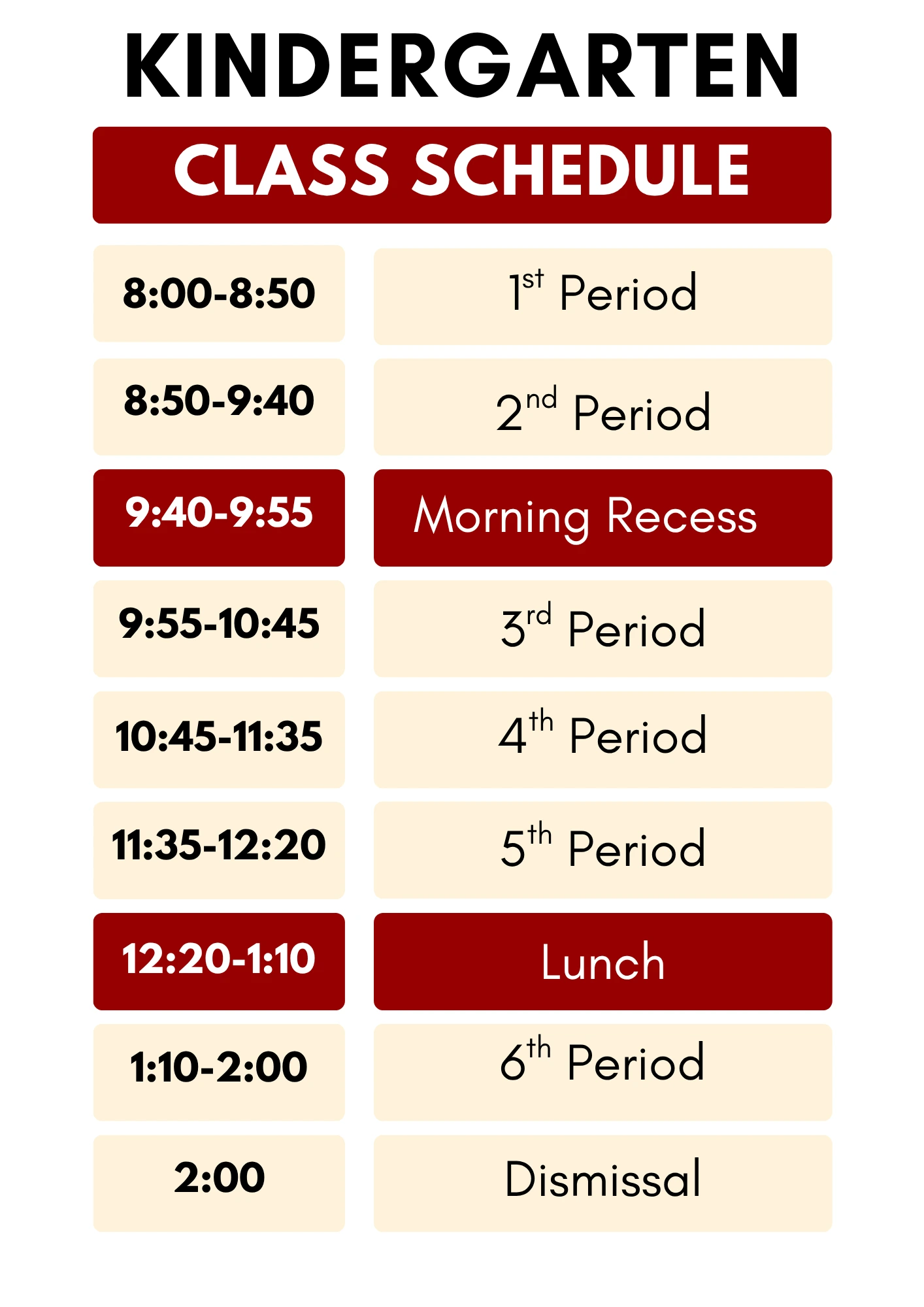 Classroom Schedule - Kindergarten